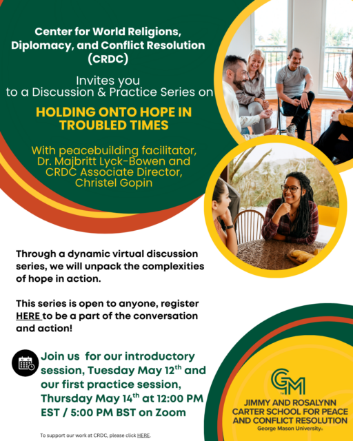 Flyer image for Holding onto Hope in Troubled Times event that includes smiling individuals in a group discussion setting.